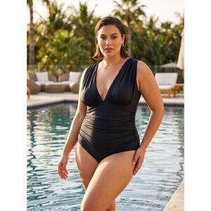 Meet Curve Black V Neck Cross Padded Cups One Piece Bathing Suit 2 XL NWT